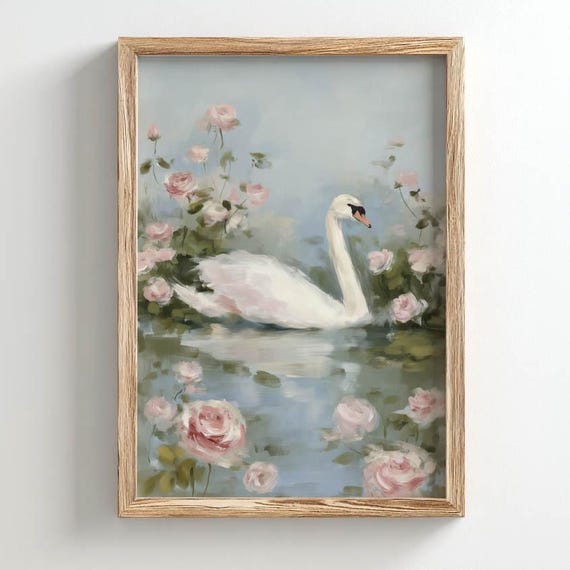 White Swan With Blush Pink Roses, Vintage Style Poster Print