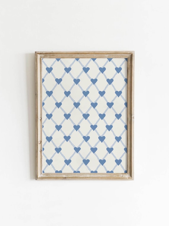Retro Blue Heart Diamond Lattice Pattern Vintage Heart Poster