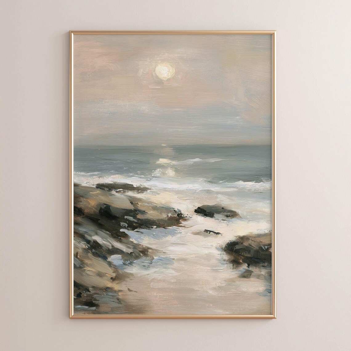 Moody Rocky Coastal Seascape With Soft Sun Impressionist Ocean Wall Art