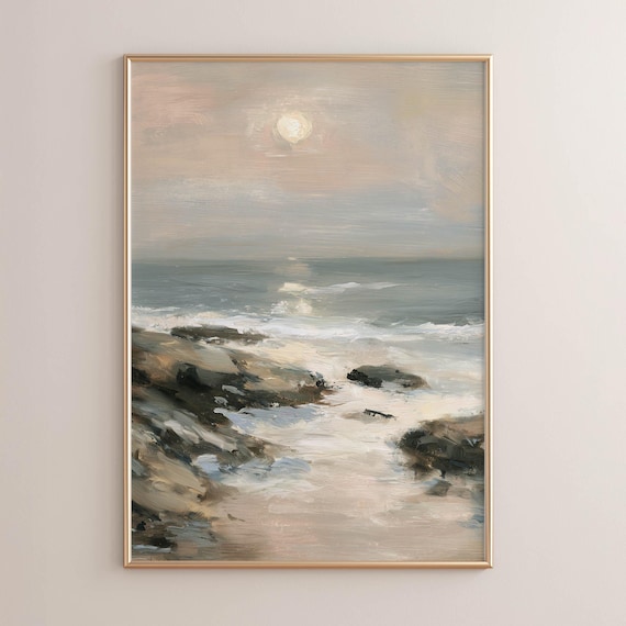 Moody Rocky Coastal Seascape With Soft Sun Impressionist Ocean Wall Art