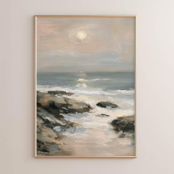 Printed Rocky Coastal Seascape Painting Moody Ocean Waves Soft Sun Neutral Vintage Landscape Wall Art P412