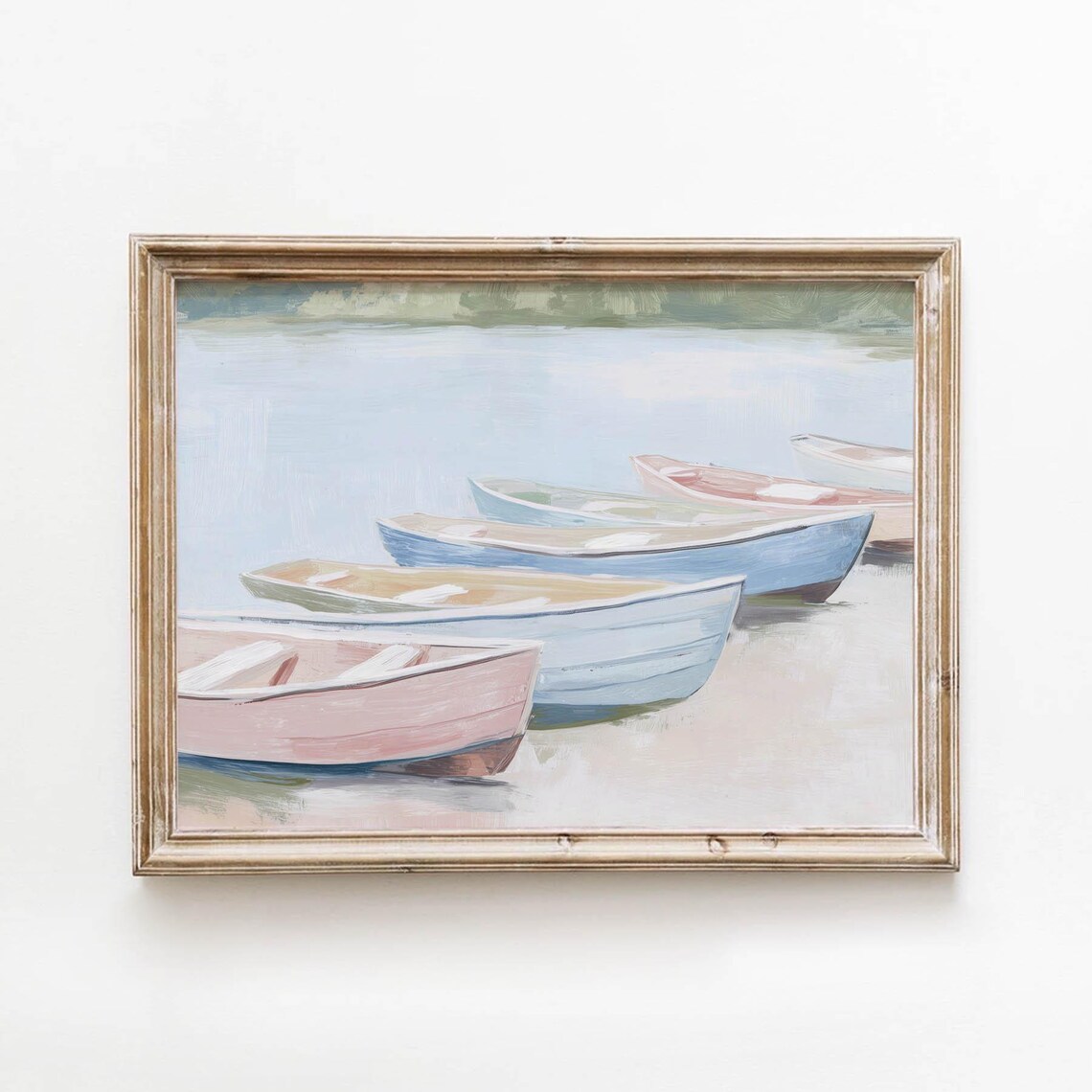 Pale Blue Rowboats, Vintage Lake Landscape Poster