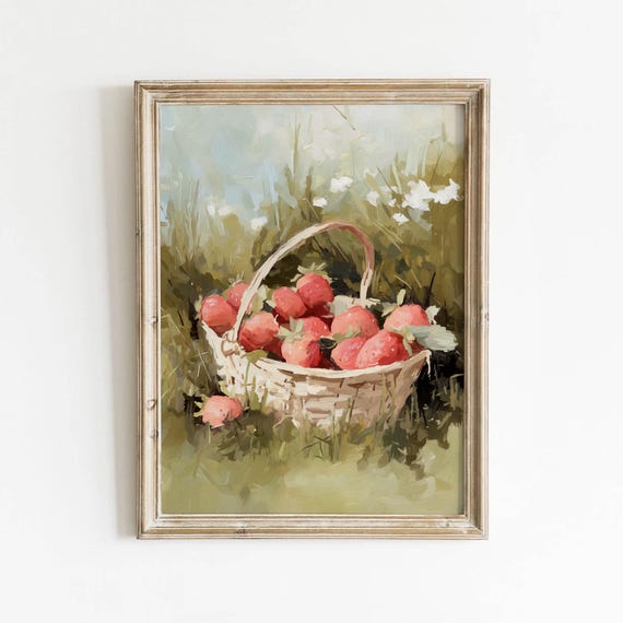 Cottagecore Rustic Basket Printable Red Strawberry Wall Art Vintage Berry Decor Muted Kitchen Green Meadow Download 0322