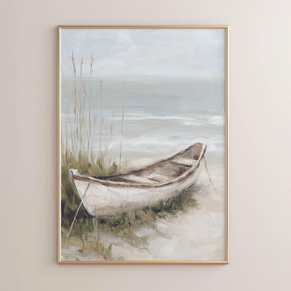 Vintage Rowboat Resting On Sandy Beach Dunes Muted Coastal Painting Poster