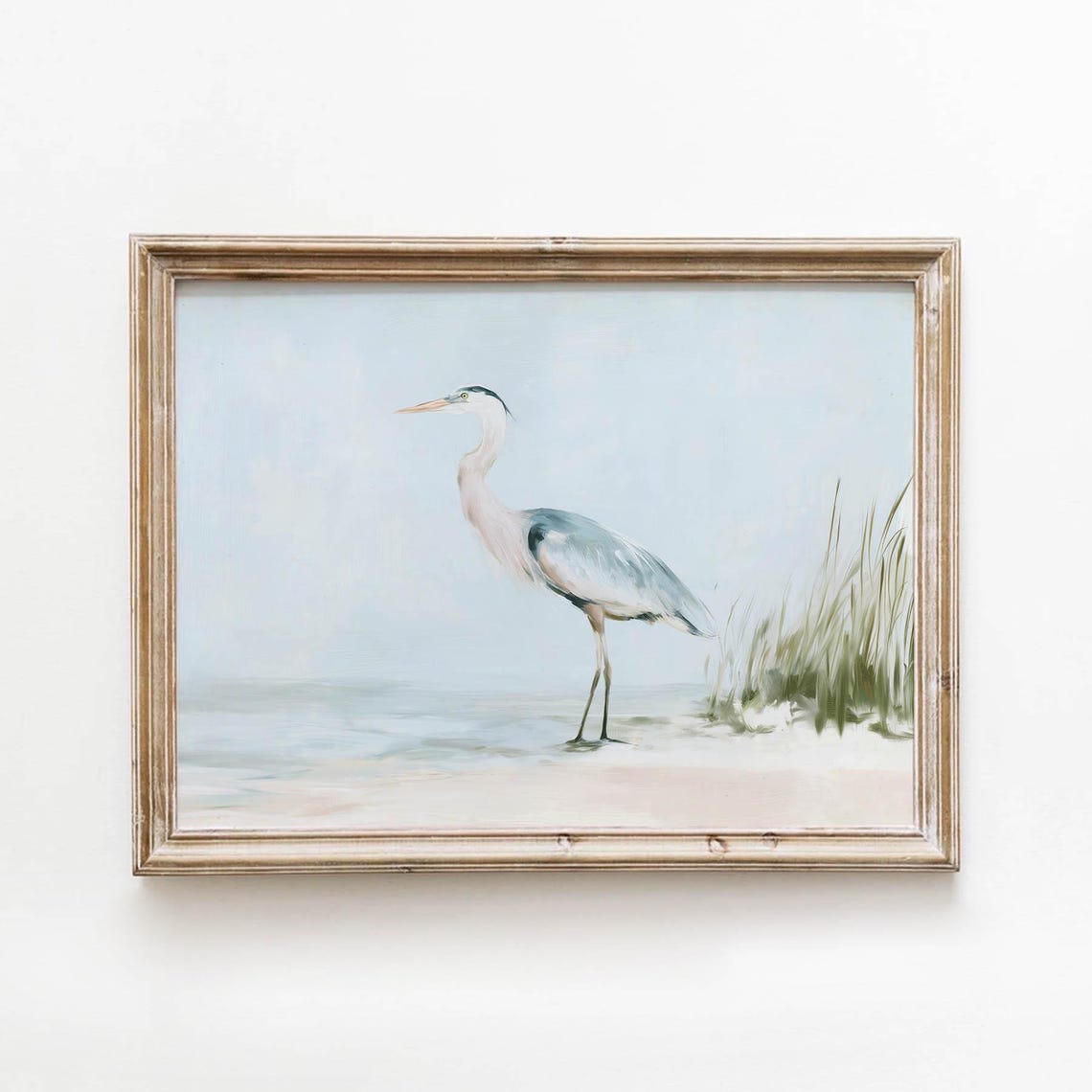 Blue Heron Standing On Sandy Beach Muted Coastal Watercolor Poster