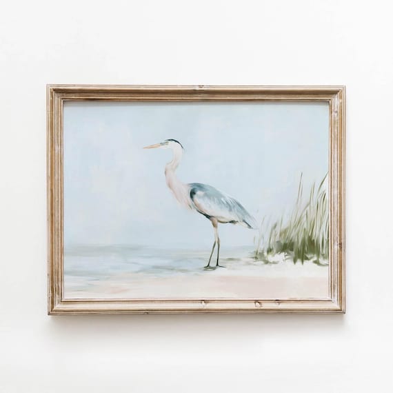 Printable Blue Heron Standing On Sandy Beach Coastal Wall Art Muted Watercolor Decor Calm Shoreline Painting Digital Download 664
