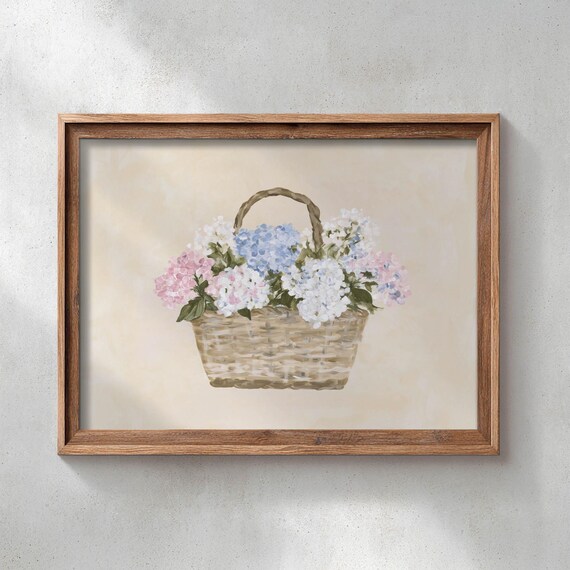 Pastel Hydrangea Bouquet In Woven Basket Cottagecore Art Print