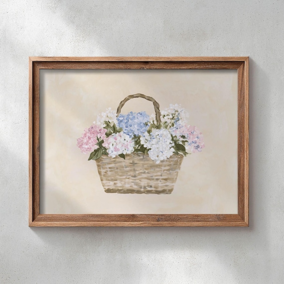 Printed Hydrangea Basket Floral Art Poster Cottage Core Pink Blue White Flowers Vintage Farmhouse Wall Decor Soft Botanical Print 0662