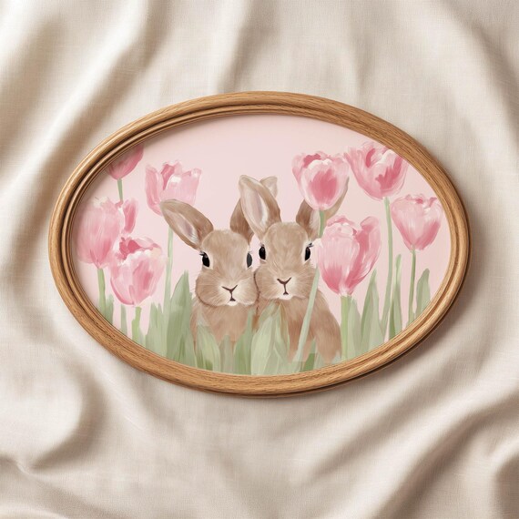 Pink Tulips Bunny Printable Nursery Wall Art Cottagecore Rabbit Decor Kids Room Soft Green Spring Download 0255