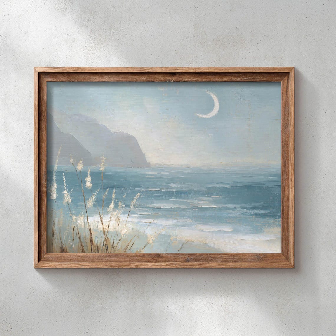 Printed Coastal Seascape With Crescent Moon Muted Blue Ocean Waves Rustic Cliff Landscape Vintage Cottagecore Wall Art Decor P446