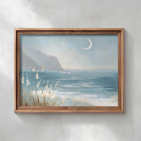 Printed Coastal Seascape With Crescent Moon Muted Blue Ocean Waves Rustic Cliff Landscape Vintage Cottagecore Wall Art Decor P446
