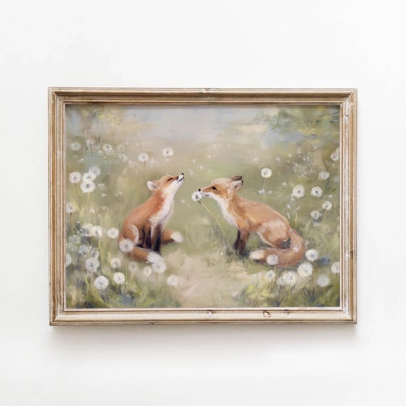 Pastel Cottagecore Red Foxes, Vintage Art Print