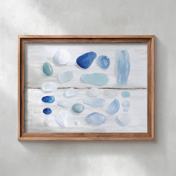 Printed Sea Glass And Beach Stones Coastal Wall Art Watercolor Painting Serene Decor Nautical Landscape Poster 0708