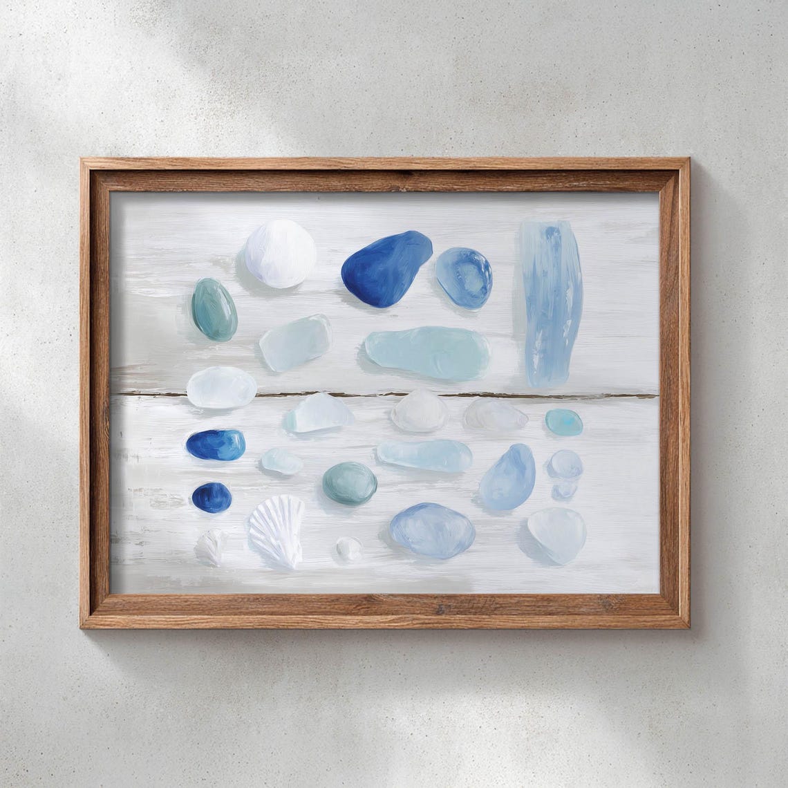 Blue Sea Glass and Beach Stones on White Wood Coastal Still Poster