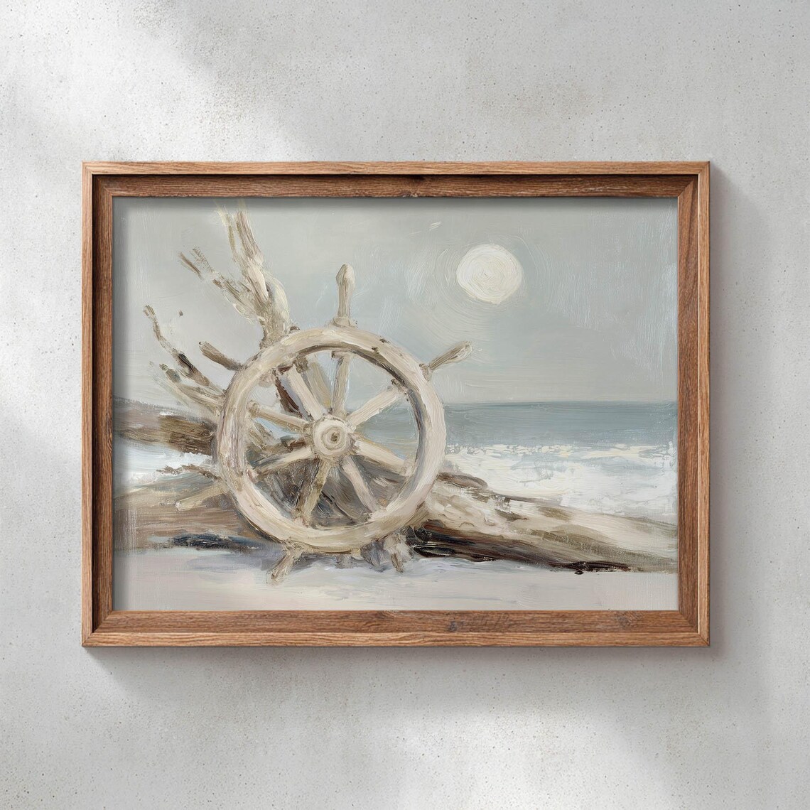 Nautical Ships Wheel On Driftwood Beach Under Full Moon Coastal Wall Art