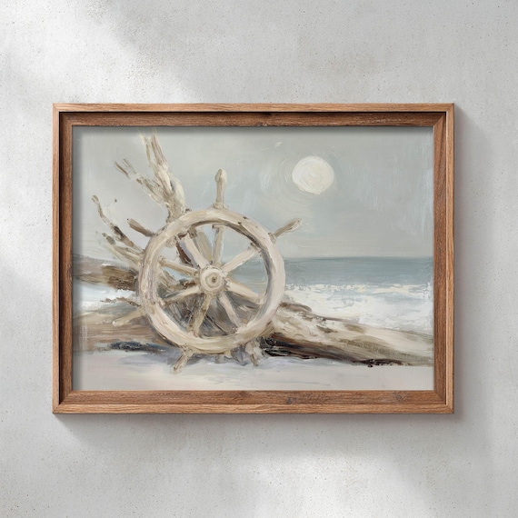 Nautical Ships Wheel On Driftwood Beach Under Full Moon Coastal Wall Art