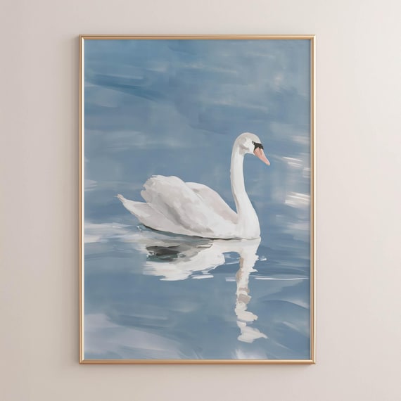 Printed Swan Gliding On Water Serene Landscape Painting Muted Bluegray Palette Elegant Nature Art Rustic Cottage Wall Decor 0676