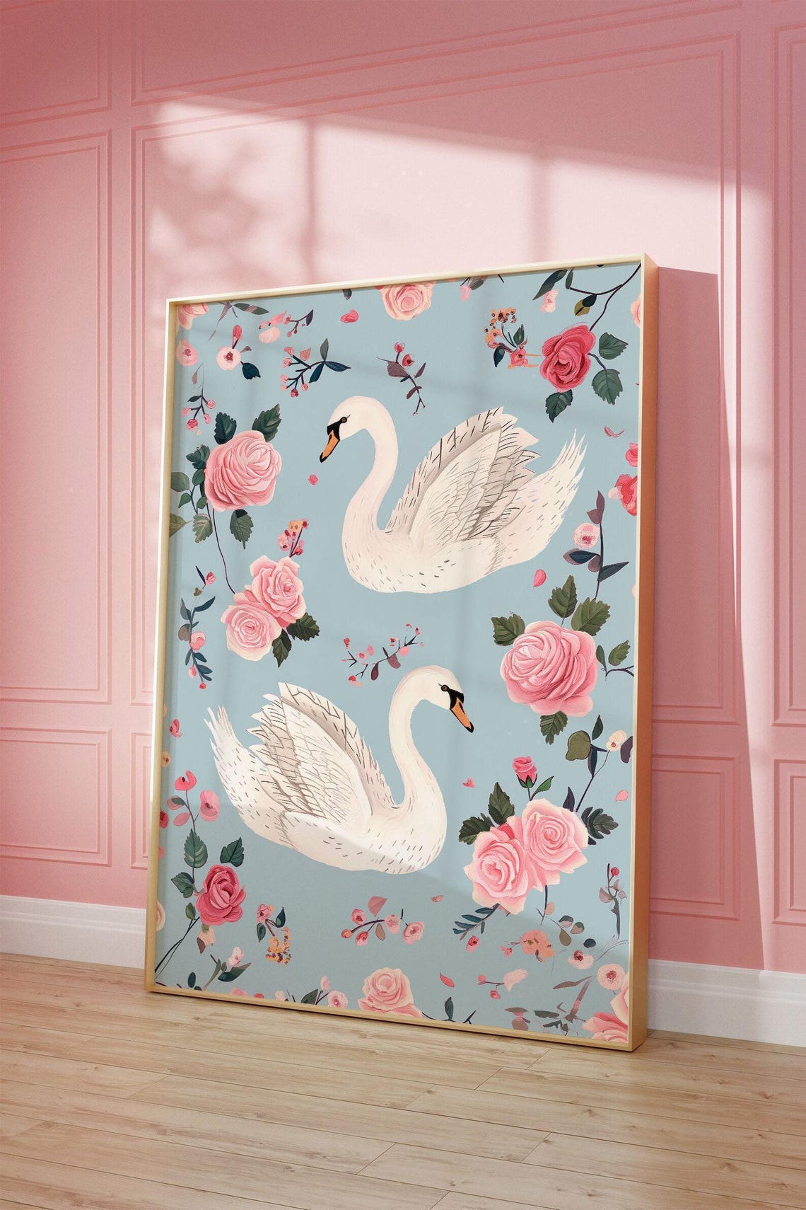 White Swans and Pink Roses Dusty Blue Floral Painting Poster