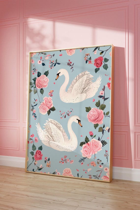 Blue Swan Spring Download Girly Aesthetic Wall Art Coquette Room Decor White Preppy Floral Soft Pastel Printable 0014bv