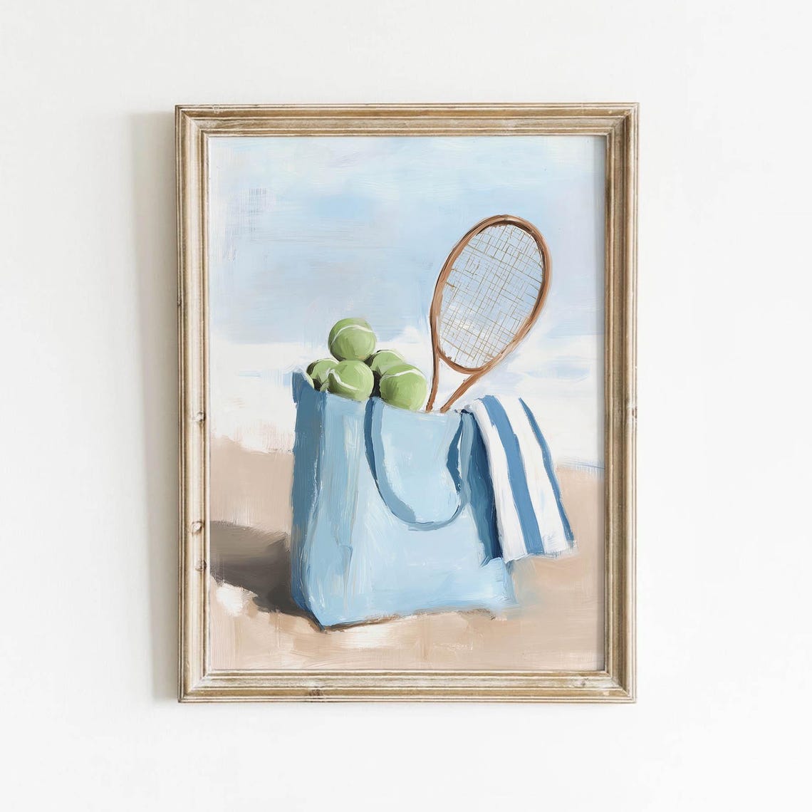 Tennis Tote Bag With Wooden Racket Beach Balls Pastel Summer Art Poster