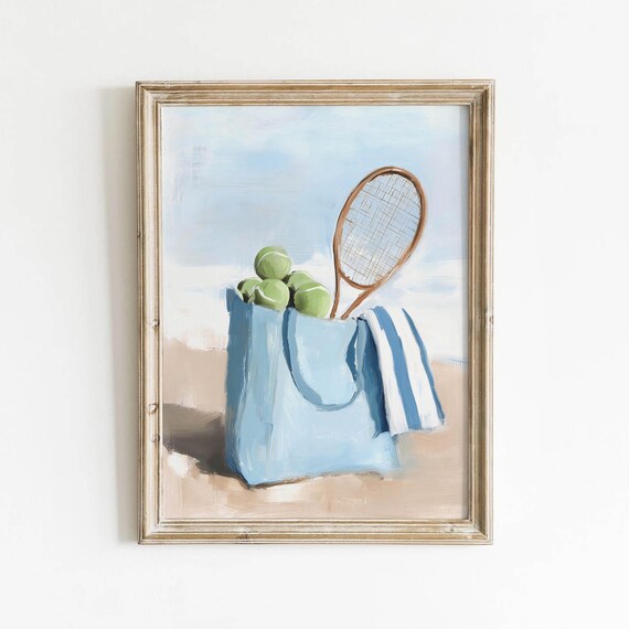 Tennis Tote And Racket Coastal Wall Art Pastel Preppy Print Spring Summer Mood Airy Decor Retro Coquette Style Digital Download 0310