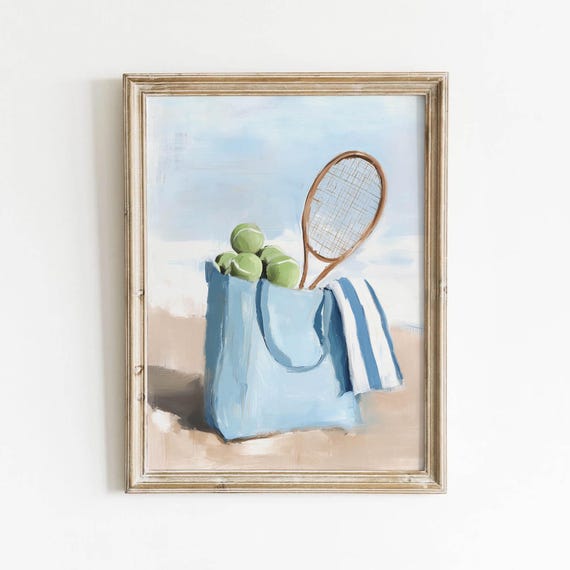 Tennis Tote Bag With Wooden Racket Beach Balls Pastel Summer Art Poster