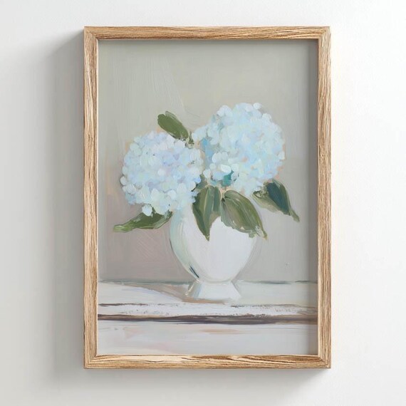 Printed Hydrangea Blooms In White Vase Poster Pale Blue Neutral Cottagecore Style Vibrant Floral Wall Art Calming Home Decor P290