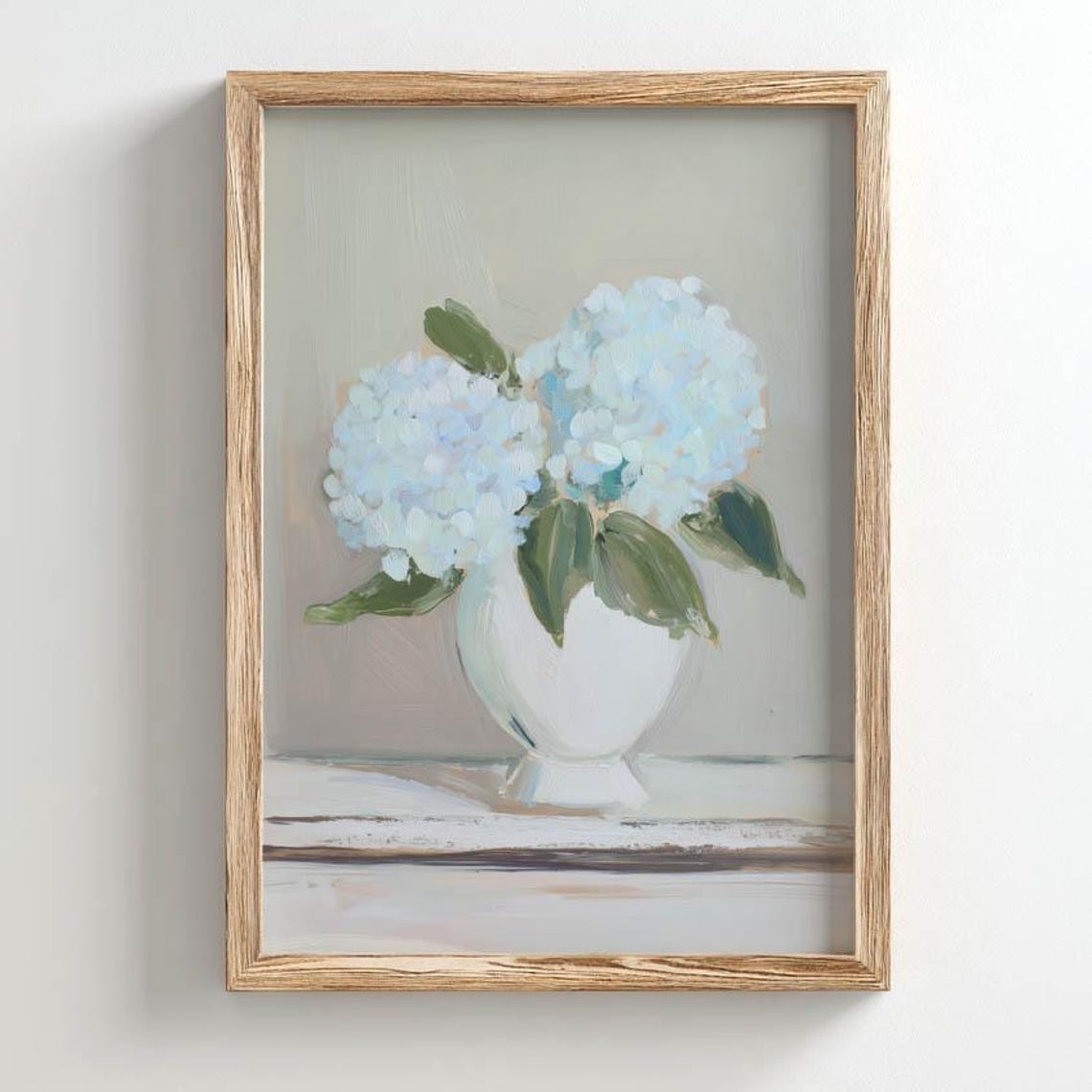 Blue Hydrangea Flowers White Vase Soft Floral Oil Painting Wall Art