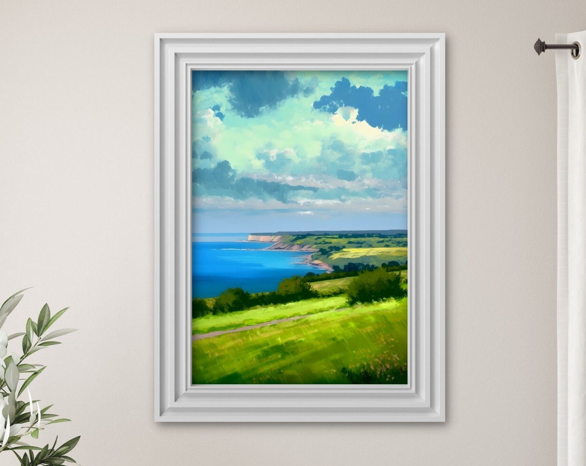 Green Hills Coastal Cliffs Ocean View Oil Painting Wall Poster