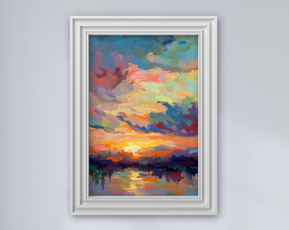 Colorful Abstract Coastal Sunset Over Water Impressionist Wall Art