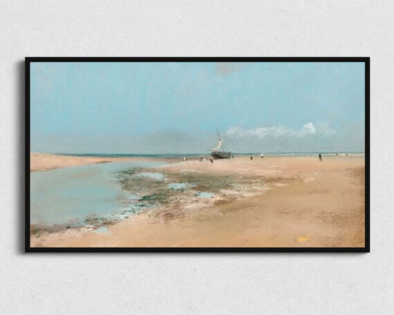 Wide Sandy Beach Sailboat Distant Figures Minimalist Pastel Seascape Poster