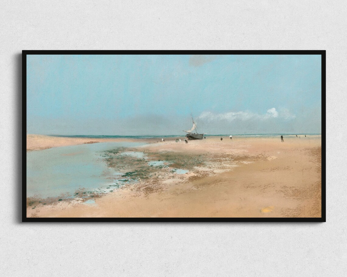 Wide Sandy Beach Sailboat Distant Figures Minimalist Pastel Seascape Poster
