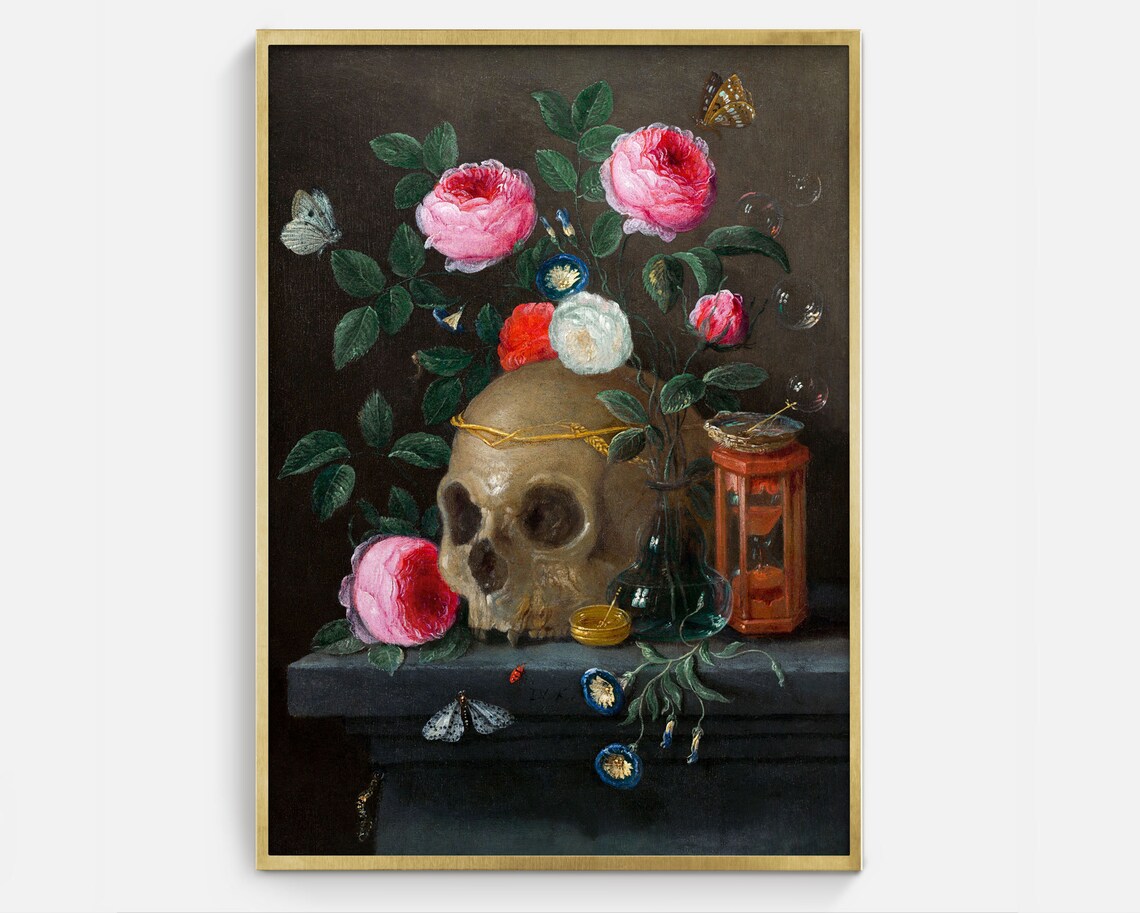 Gothic Skull and Roses Vintage Art Print