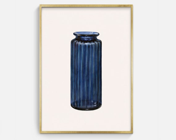 Vintage Colored Glass Flower Vase, Antique Sketch Art Print