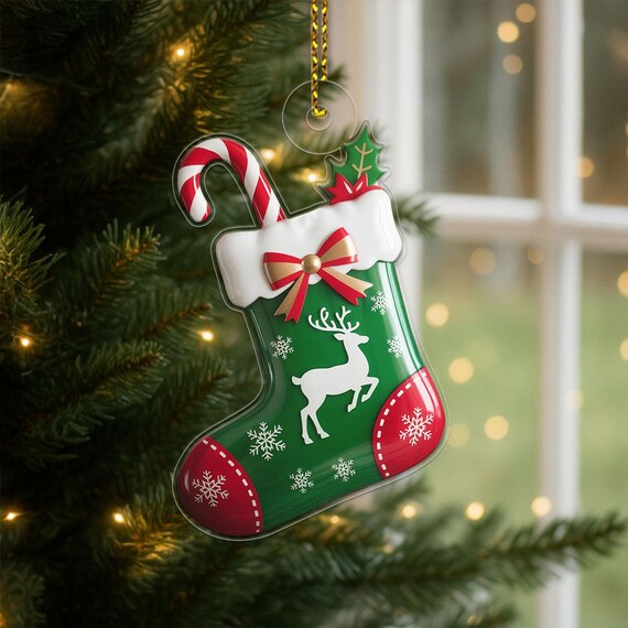 Green Christmas Stocking Ornament Print Gold Red Bow Reindeer Candy Cane