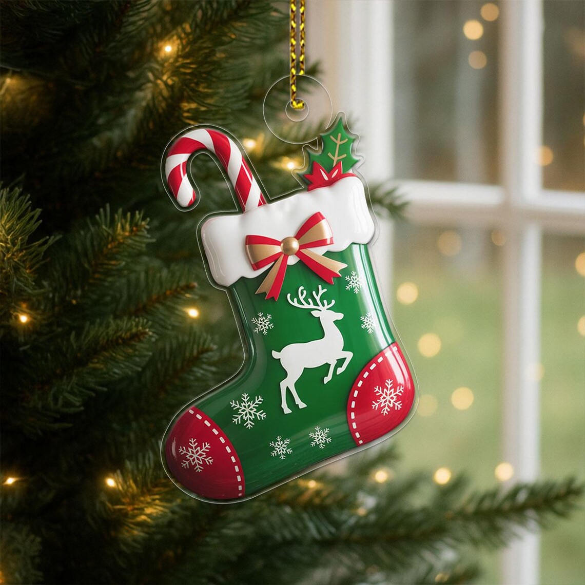 Green Christmas Stocking Ornament Print Gold Red Bow Reindeer Candy Cane