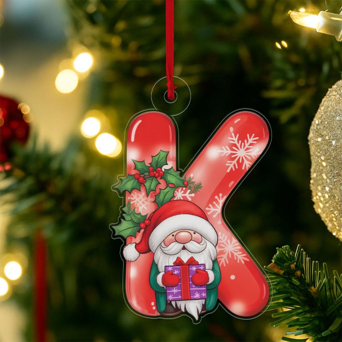 Letter K Gnome Santa With Gift Christmas Initial Acrylic Ornament Print