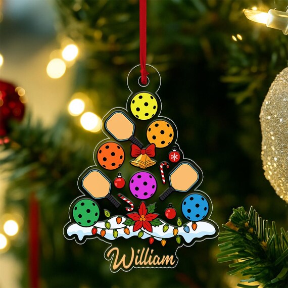 Custom Name Pickleball Christmas Tree Ornament Paddles And Balls Print
