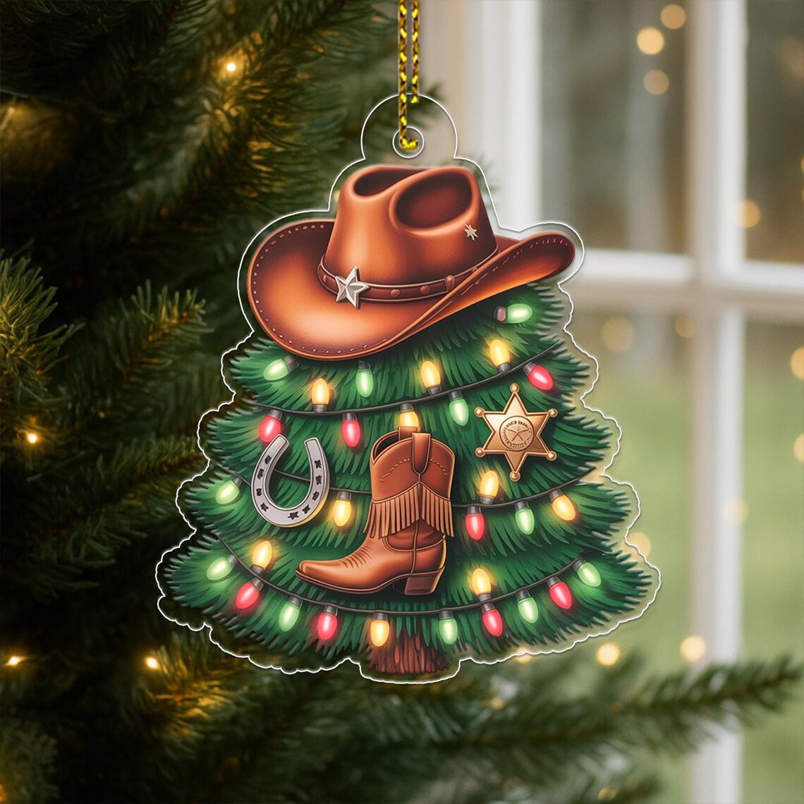 Cowboy Christmas Tree Acrylic Ornament Western Hat Boots Lights Holiday Poster