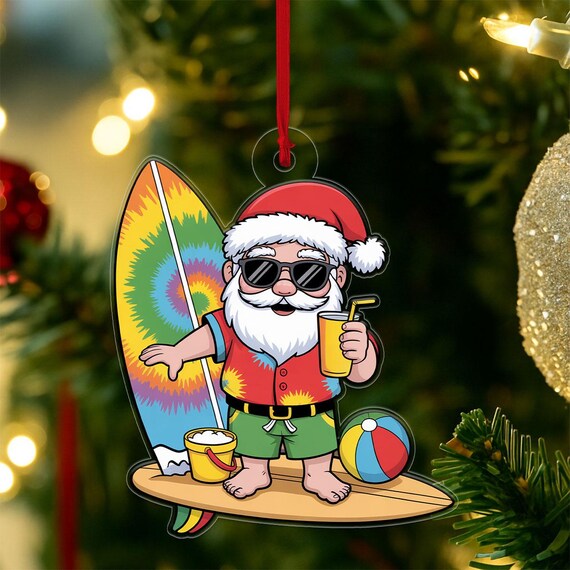 Beach Santa with Surfboard Cocktail Tropical Christmas Ornament Print