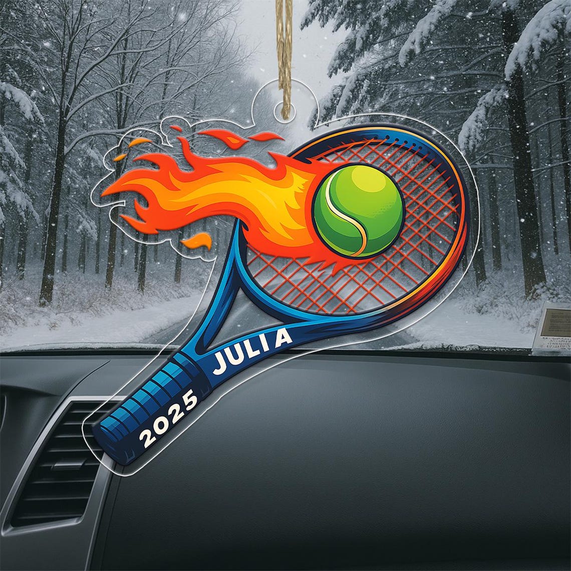 Personalized Julia 2025 Flaming Tennis Racket Ornament Poster