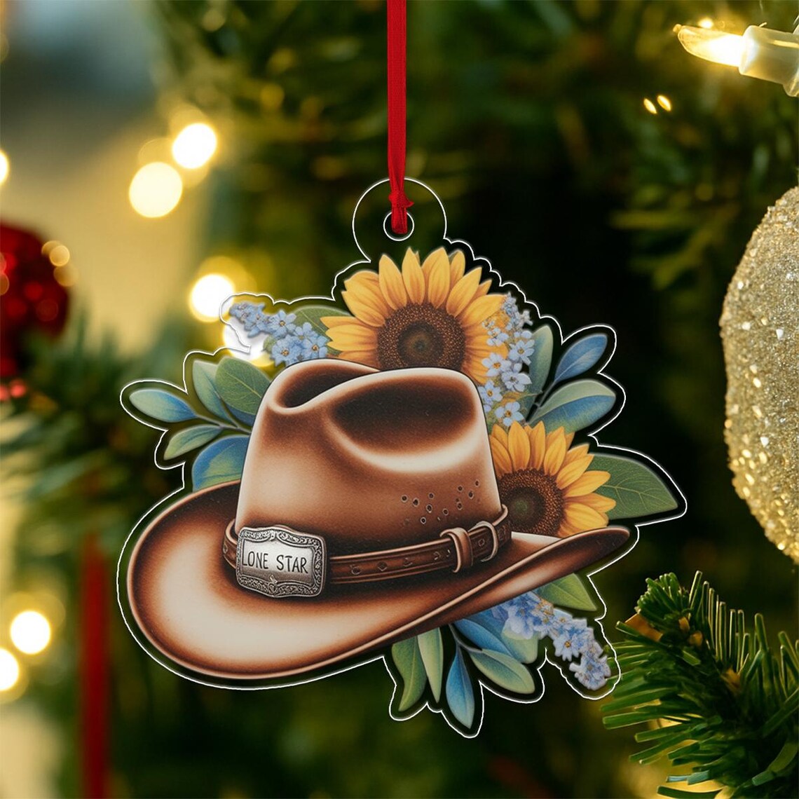 Western Cowboy Hat Sunflower Lone Star Christmas Ornament Holiday Print