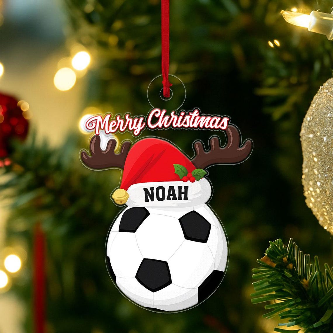 Merry Christmas Soccer Ball Santa Hat Personalized Ornament Print