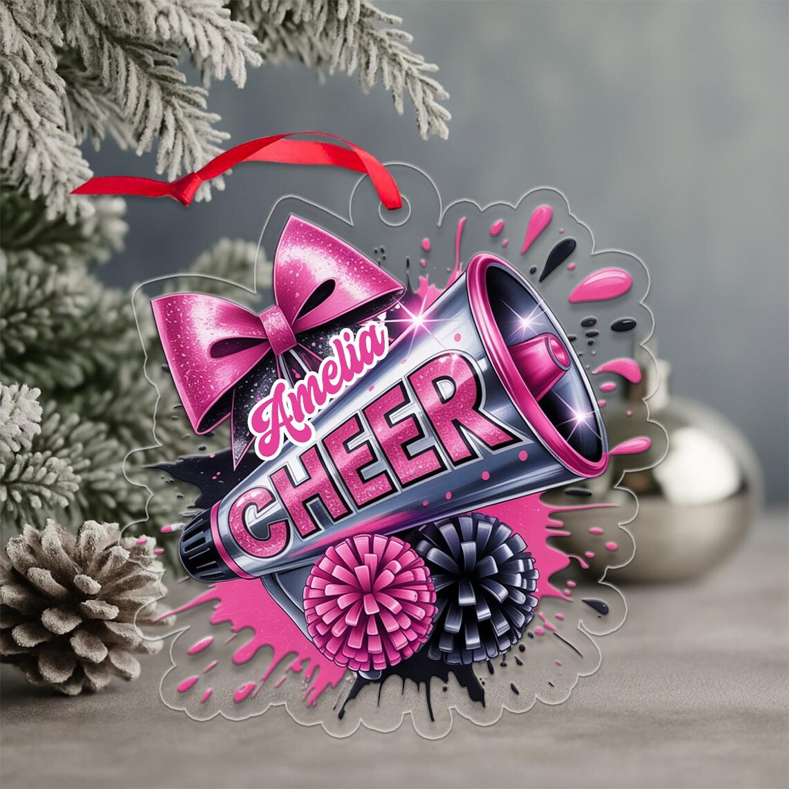 Personalized Cheer Megaphone Pink Bow Acrylic Christmas Ornament Gift Poster