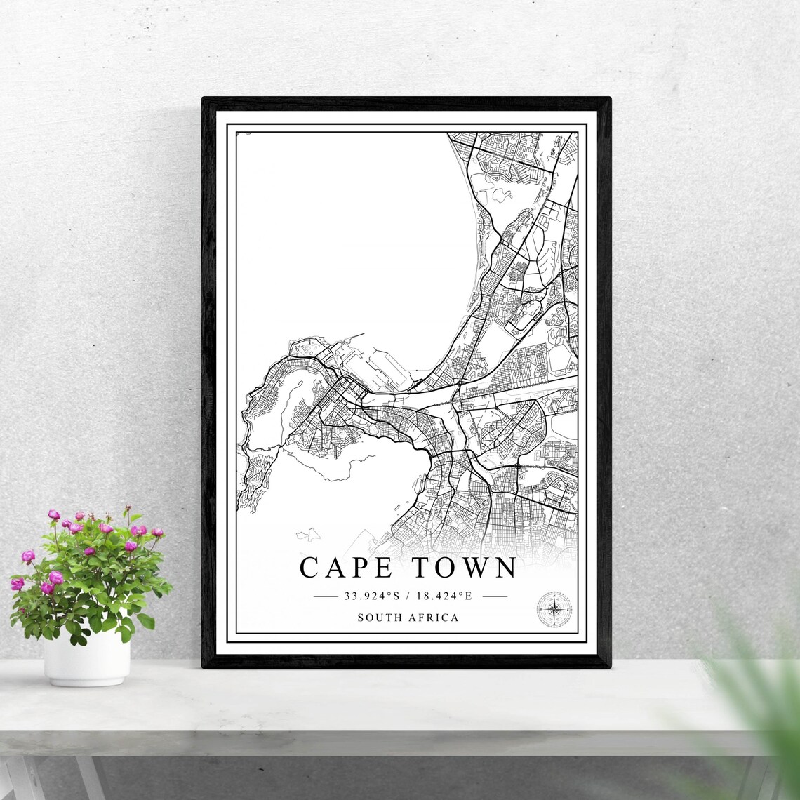 Cape Town South Africa Black And White Minimalist Street Map Wall Art