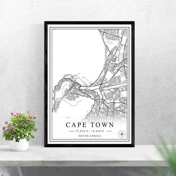 Cape Town South Africa Black And White Minimalist Street Map Wall Art