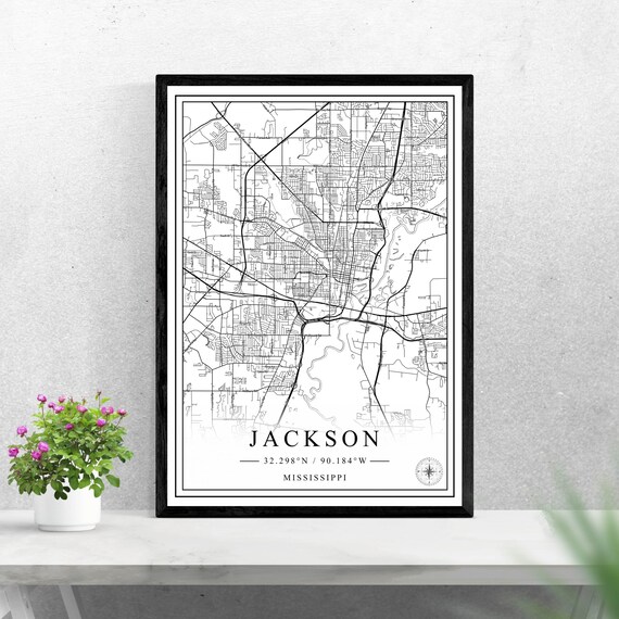 Jackson Mississippi Black and White Minimalist City Map Poster