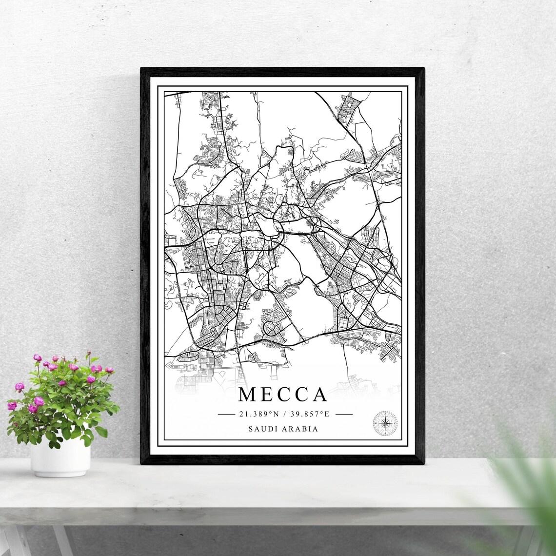 Mecca Saudi Arabia Minimalist Black And White City Map Poster