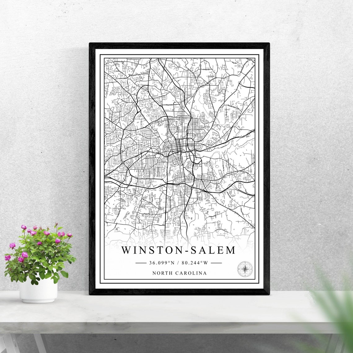 Winston-Salem North Carolina Black and White City Map Poster