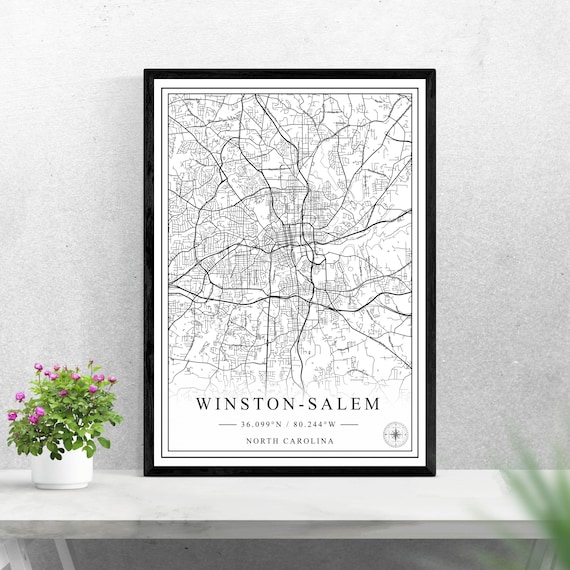Winston-Salem North Carolina Black and White City Map Poster